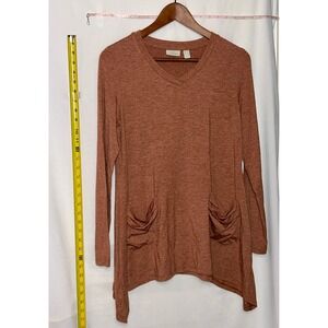 Logo Lounge Women's Rust Orange V Neck Long Sleeve Tunic Top Pockets XS